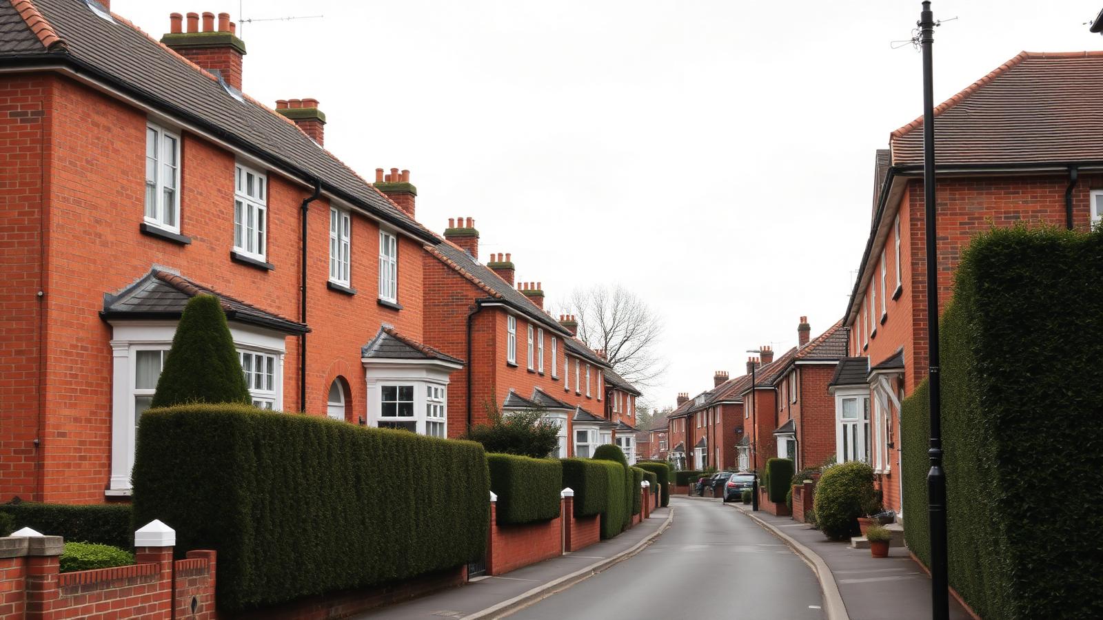 Ashford Surrey residential street of 1930s bay-fronted semi-detached houses behind low brick walls