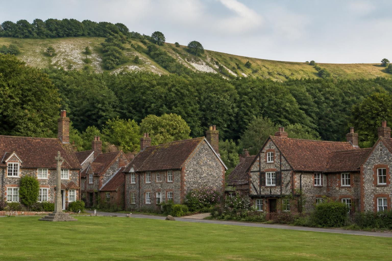 Buckinghamshire Chiltern village of flint and brick cottages beside a village green
