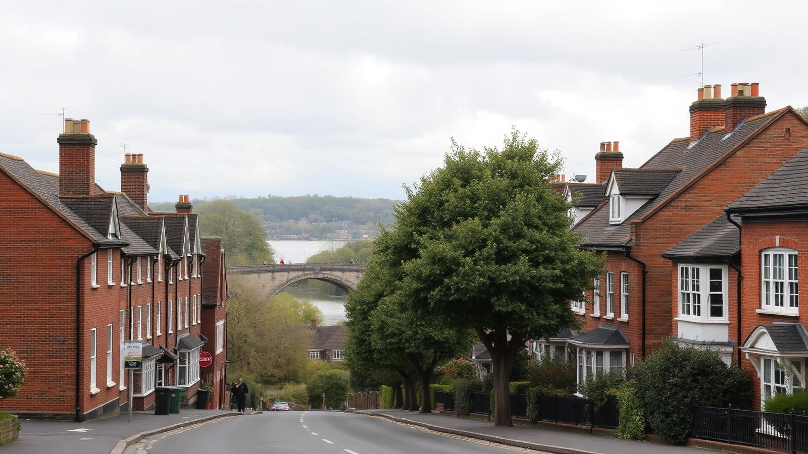 Chertsey Georgian townhouses with the stone Thames bridge visible beyond