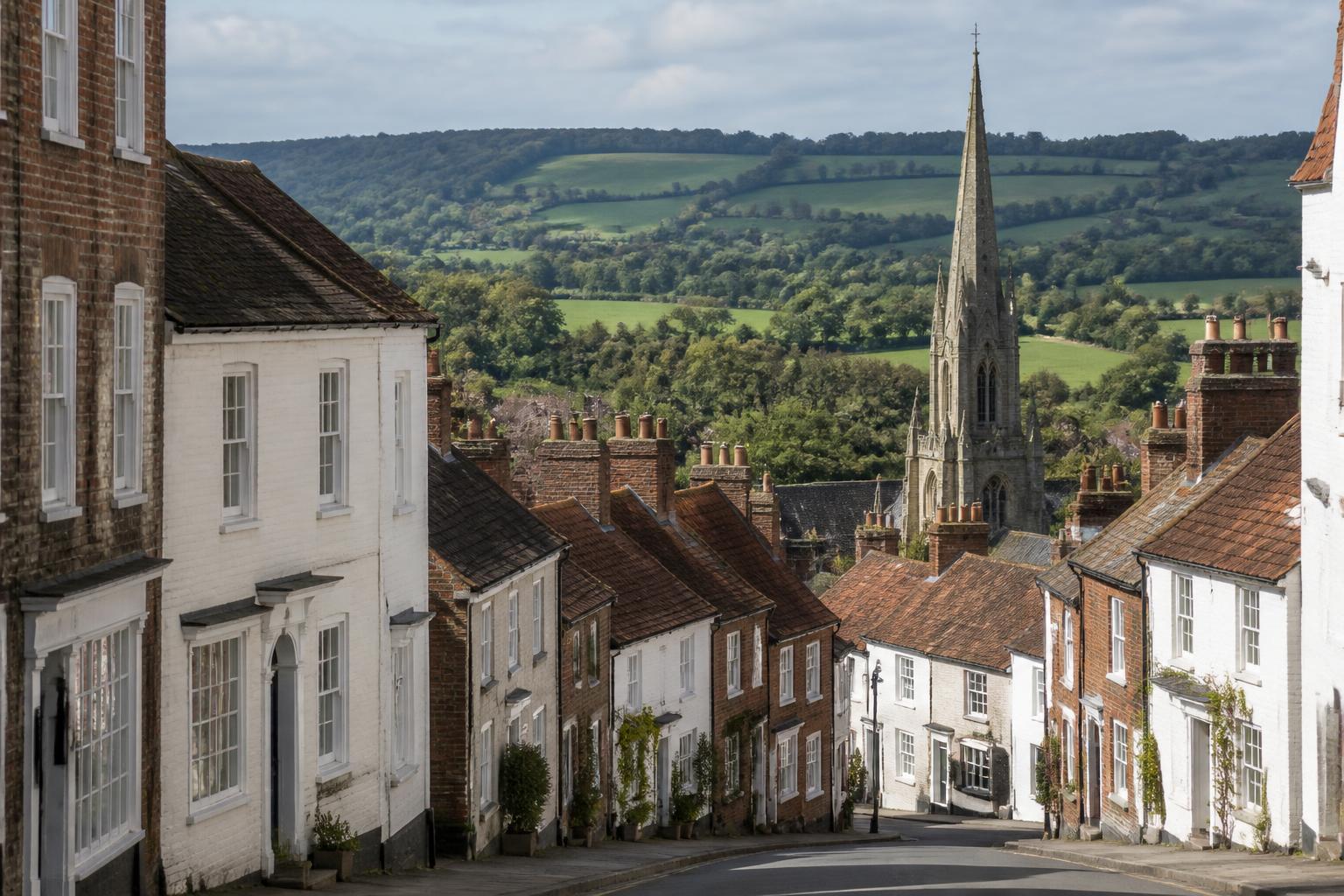 Hertfordshire market town street of Georgian houses with a church spire and rolling countryside