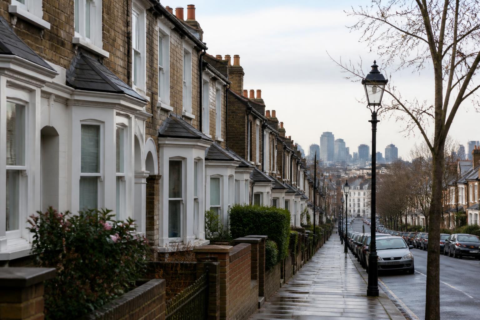 London street of Victorian terraced houses with bay windows and the city skyline beyond