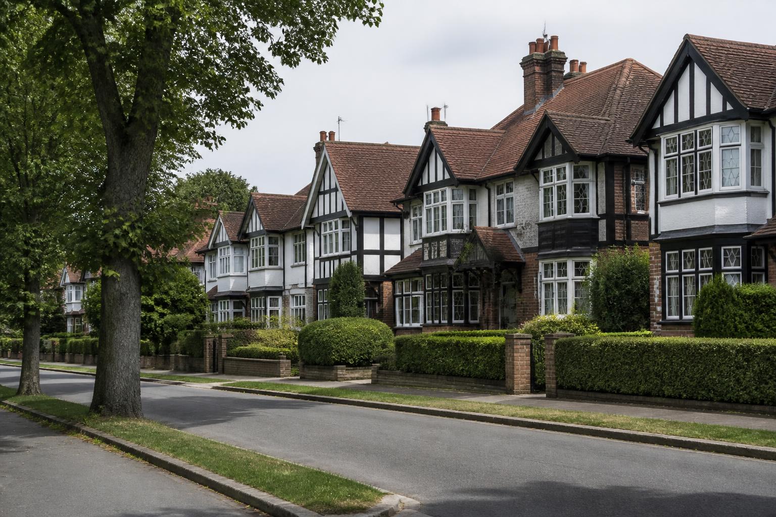 Middlesex avenue of 1930s mock-Tudor semi-detached houses behind clipped hedges