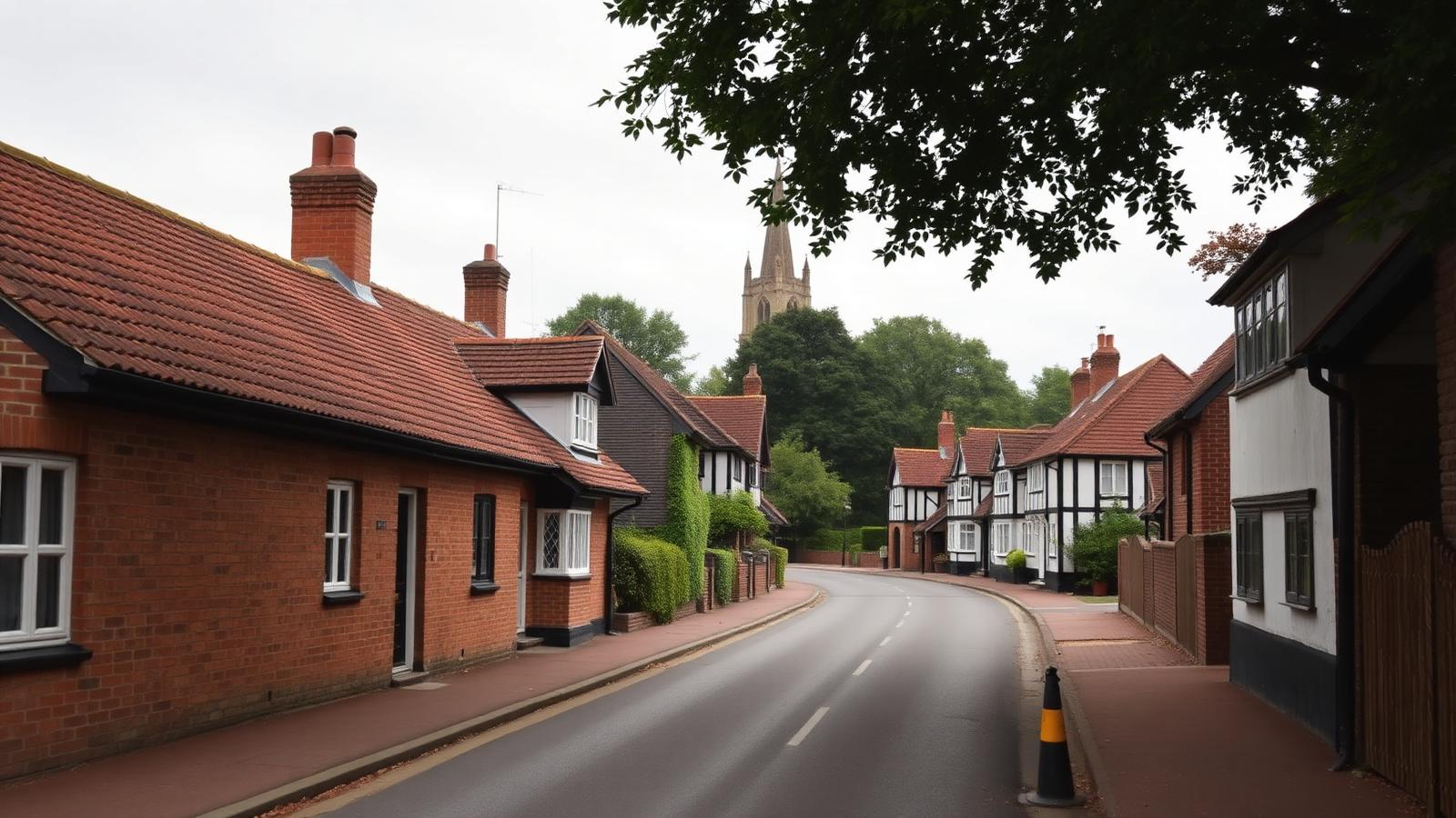 Shepperton village square with the parish church, brick cottages and mature trees