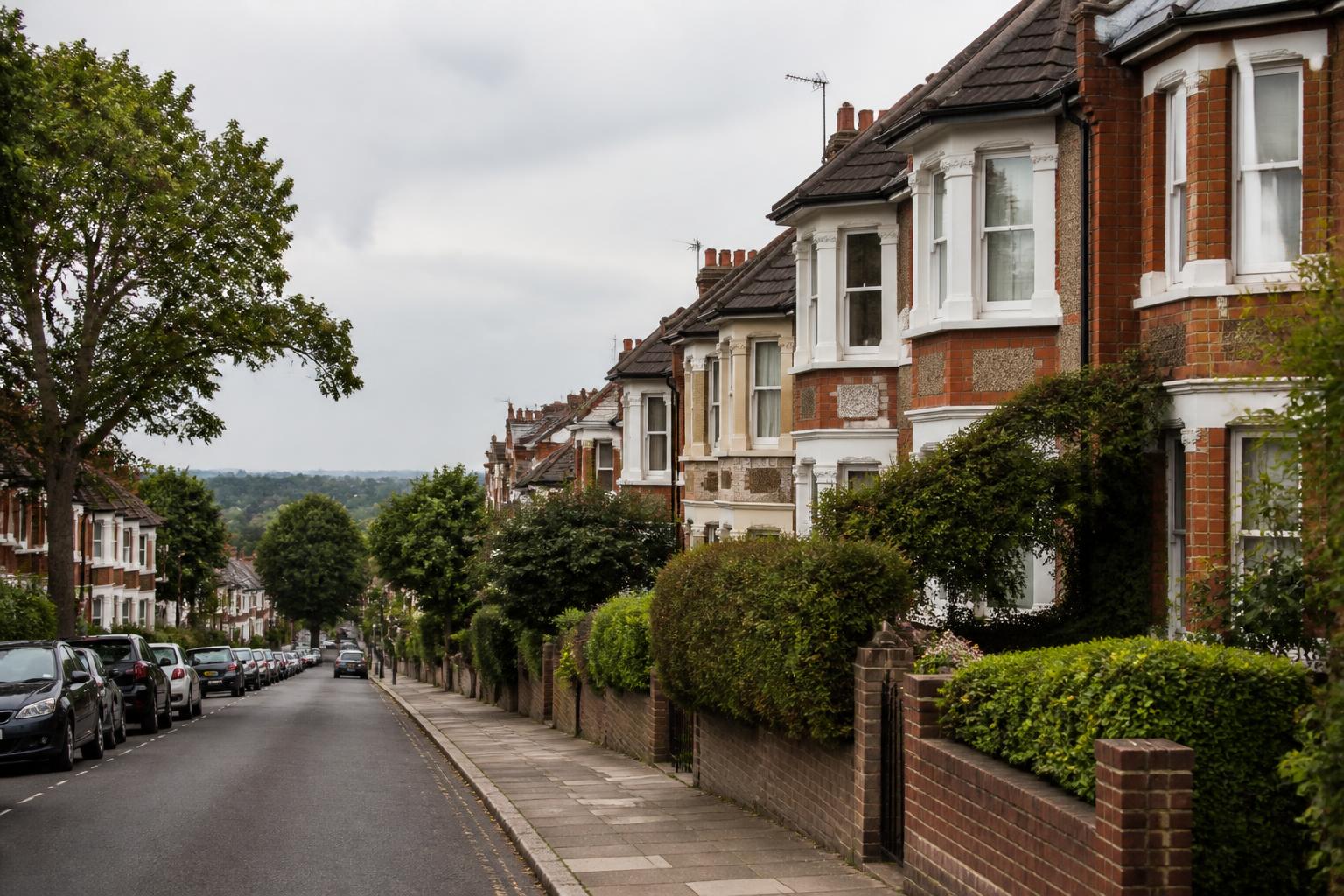 South London street of red brick Edwardian semi-detached houses with front gardens