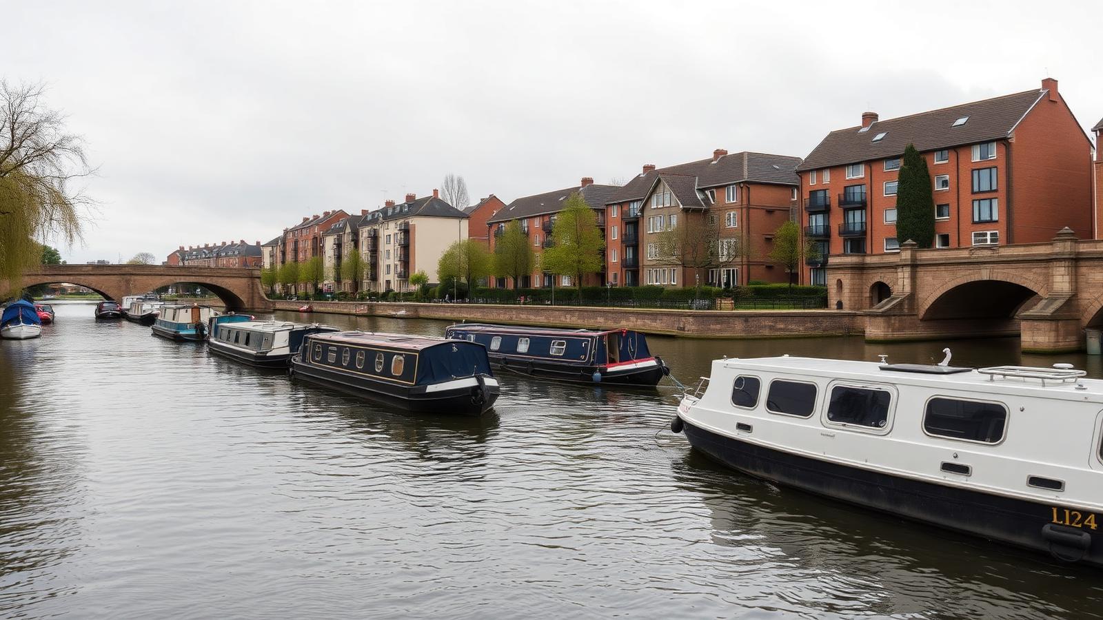 Staines-upon-Thames riverside with the town bridge, moored boats and brick buildings along the Thames