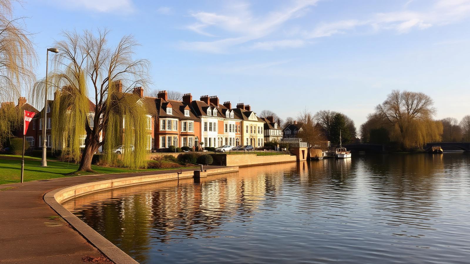 Lower Sunbury riverside villas with lawns running down to the Thames and mature willow trees