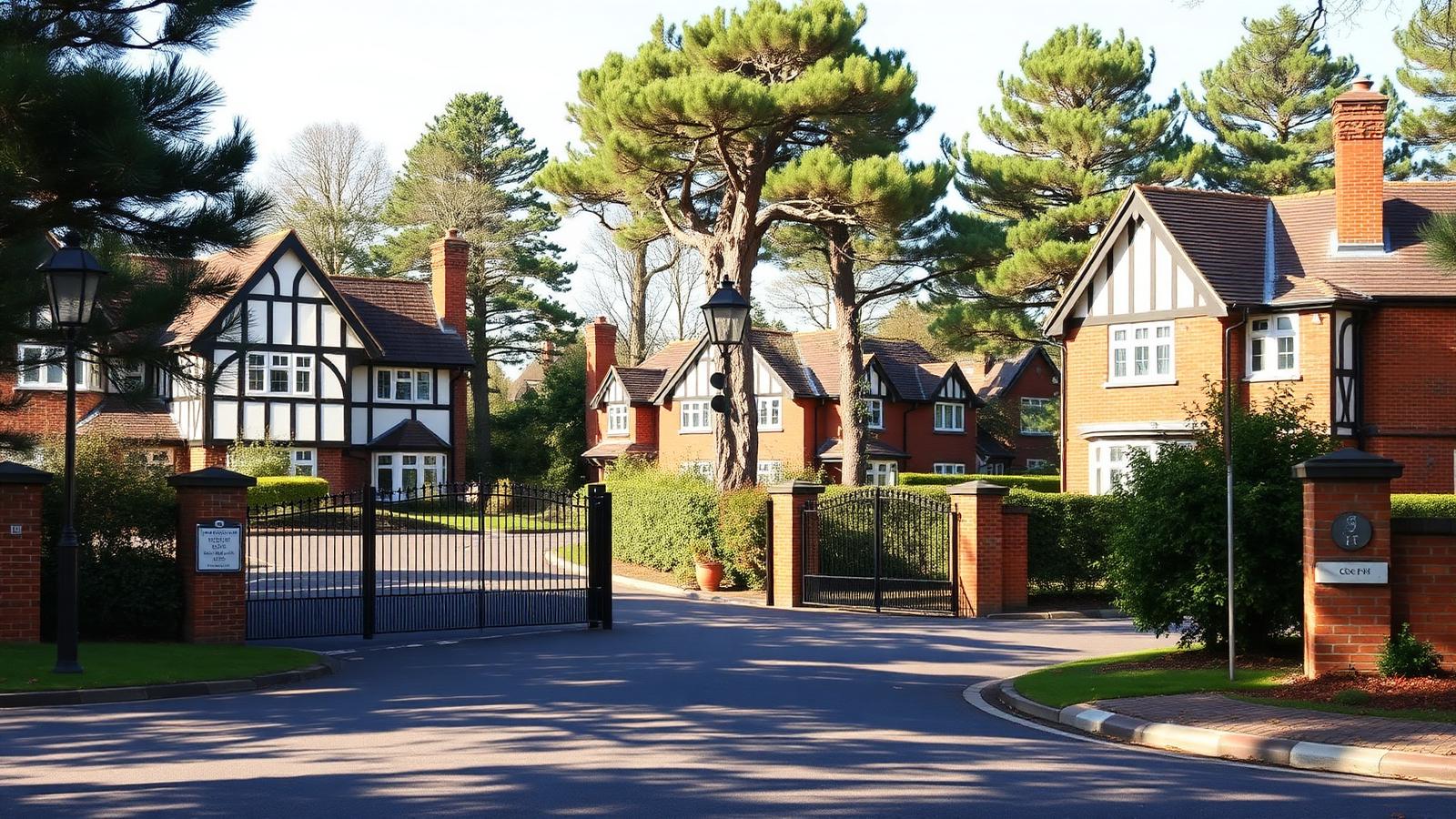 Large detached mock-Tudor houses set back on a leafy private road in Weybridge
